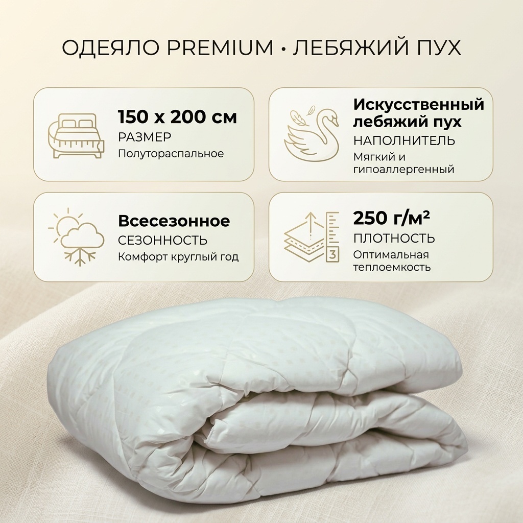 Одеяло Premium Лебяжий пух 150x200 всесезонное