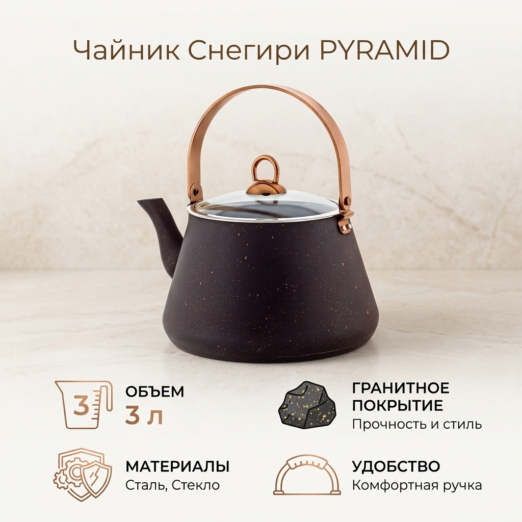 Чайник Снегири PYRAMID 3 л, нержавеющая сталь, стекло, гранит