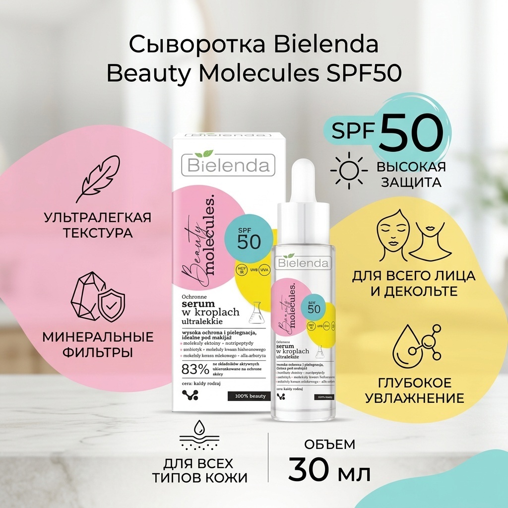 Bielenda сыворотка Beauty Molecules SPF50 для лица, для зоны декольте 30 мл