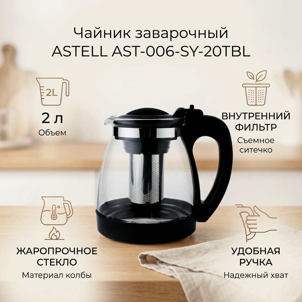 Чайник ASTELL AST-006-SY-20TBL 2 л, пластик, стекло