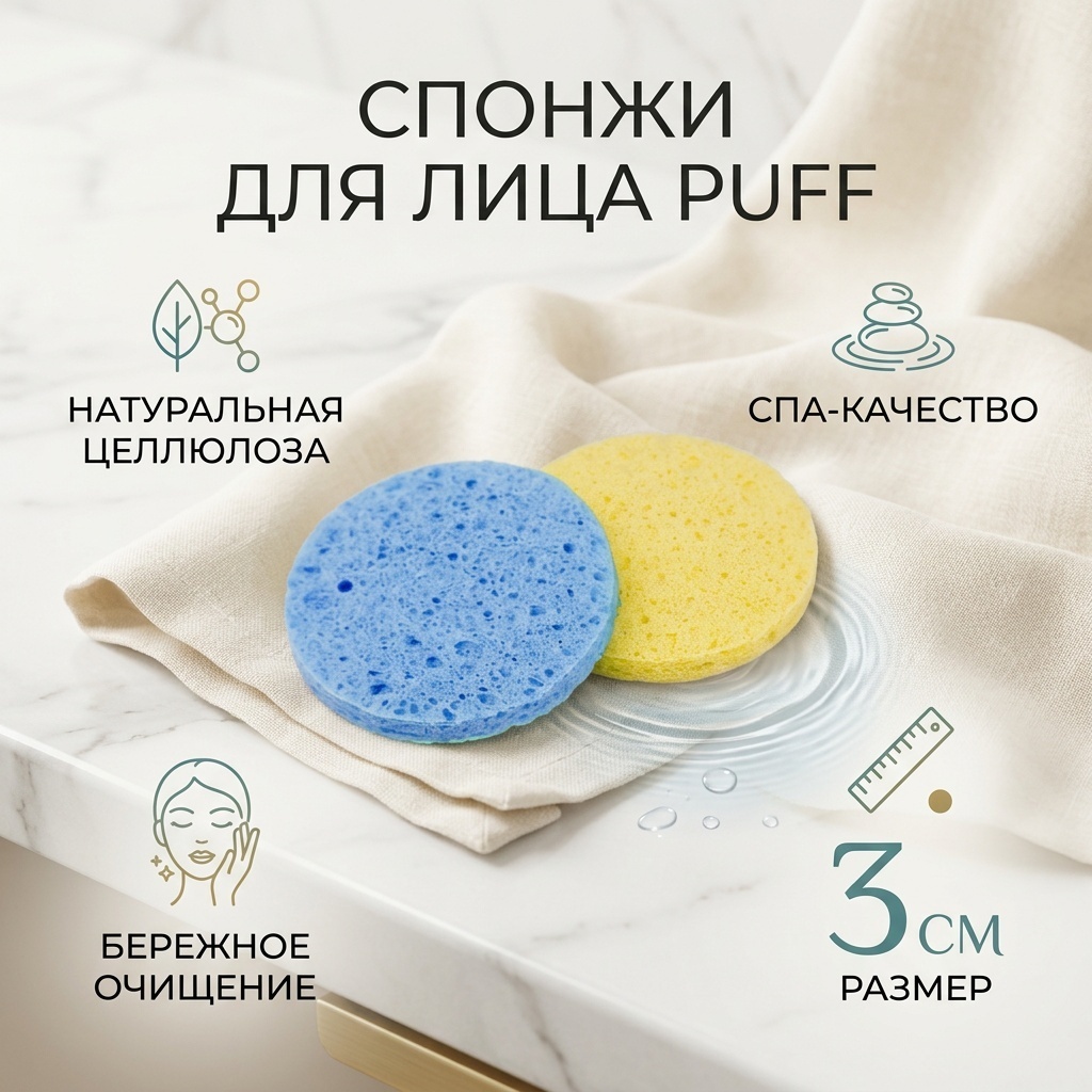 Puff спонж для лица, для умывания голубой, лимонный 2 шт