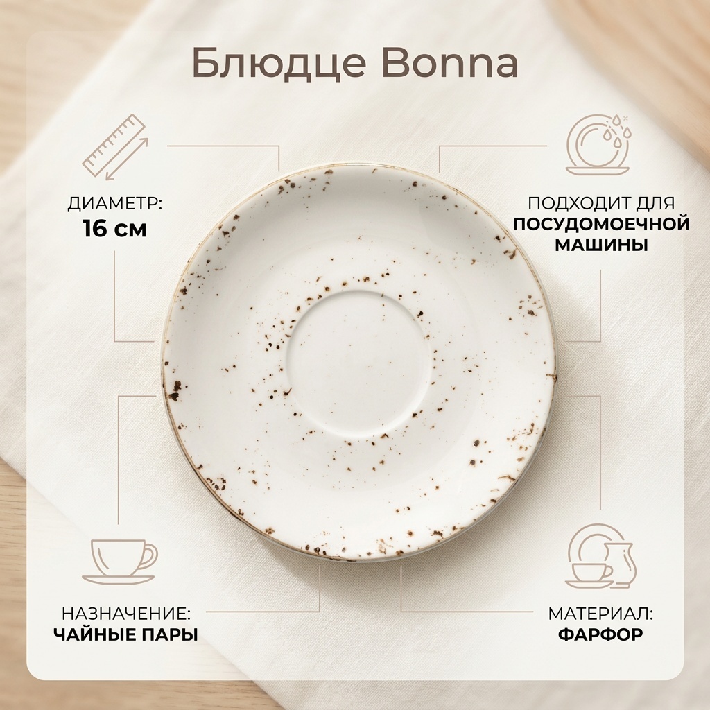 Блюдце Bonna 16 см, 1 шт, фарфор