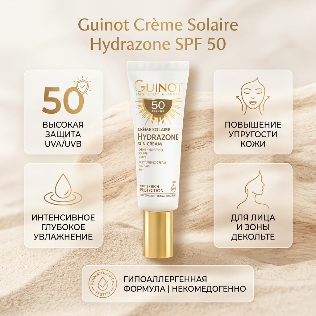 Guinot крем Крем Creme Solaire Hydrazone SPF50 Ультраувлажняющий крем с SPF 50 для повышения эластичности кожи для лица, для зоны декольте 50 мл