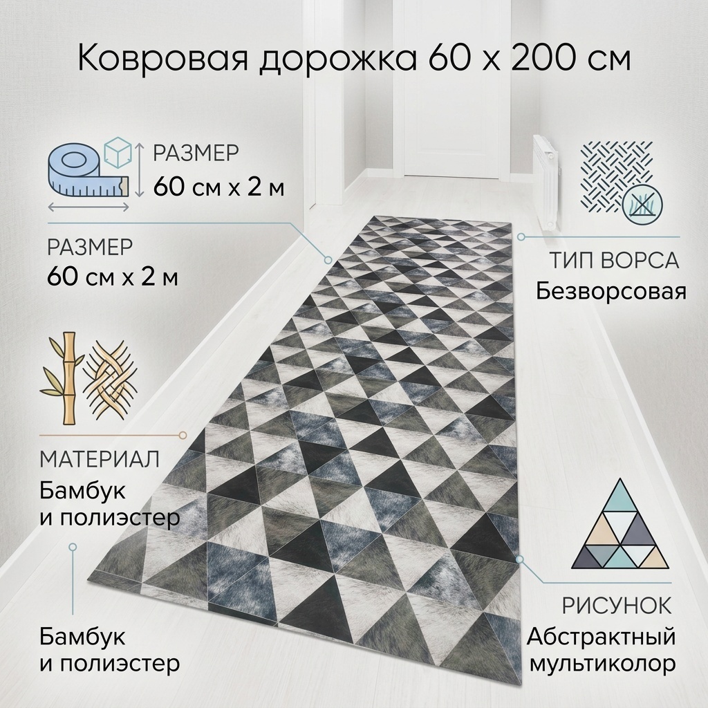 Ковровая дорожка безворсовая, бамбук, полиэстер, 60 см x 2 м