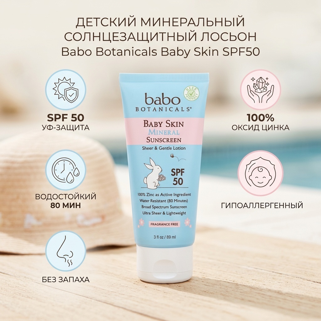Babo Botanicals Baby Skin Mineral Sunscreen SPF50 лосьон для тела 89 мл