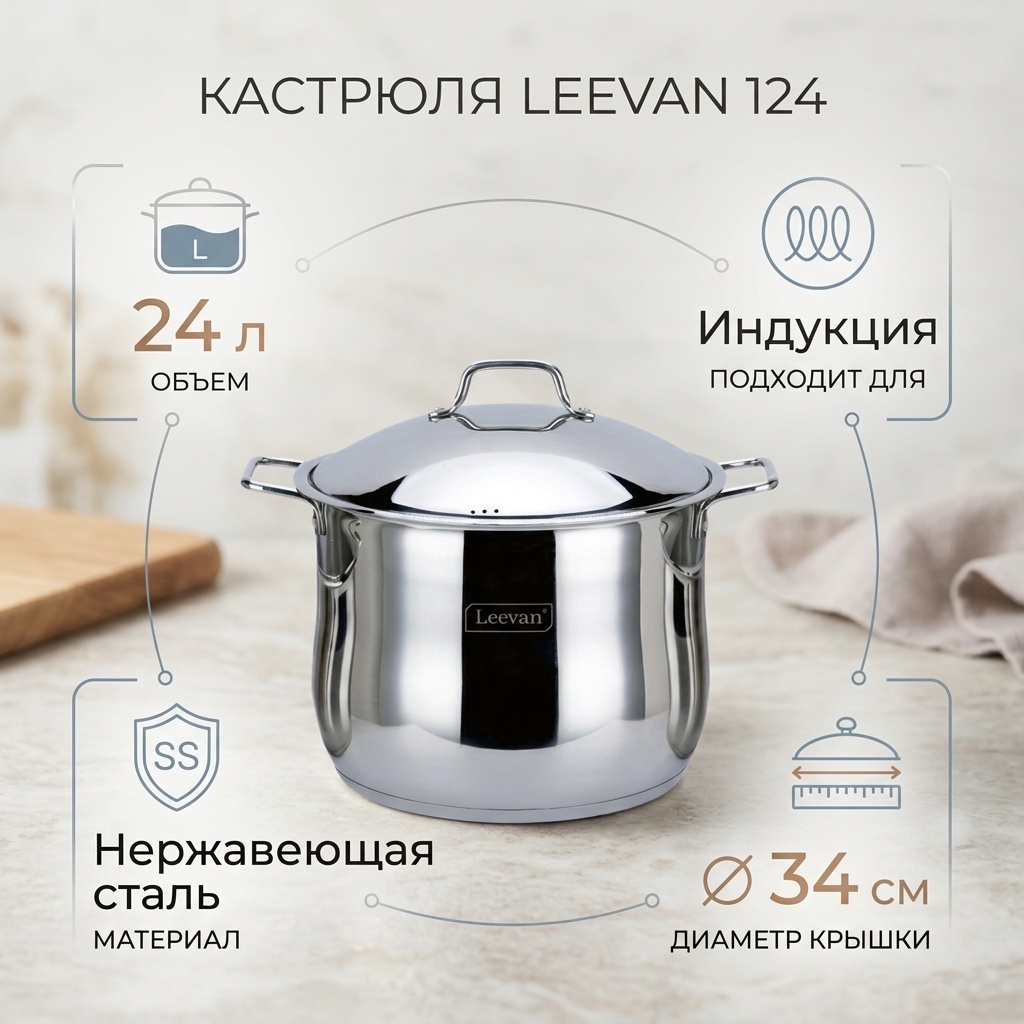 Кастрюля 24 л, Leevan 124 нержавеющая сталь