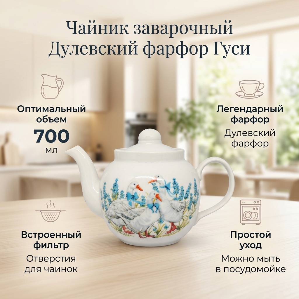 Чайник Дулевский фарфор Гуси 094522 0.7 л, фарфор