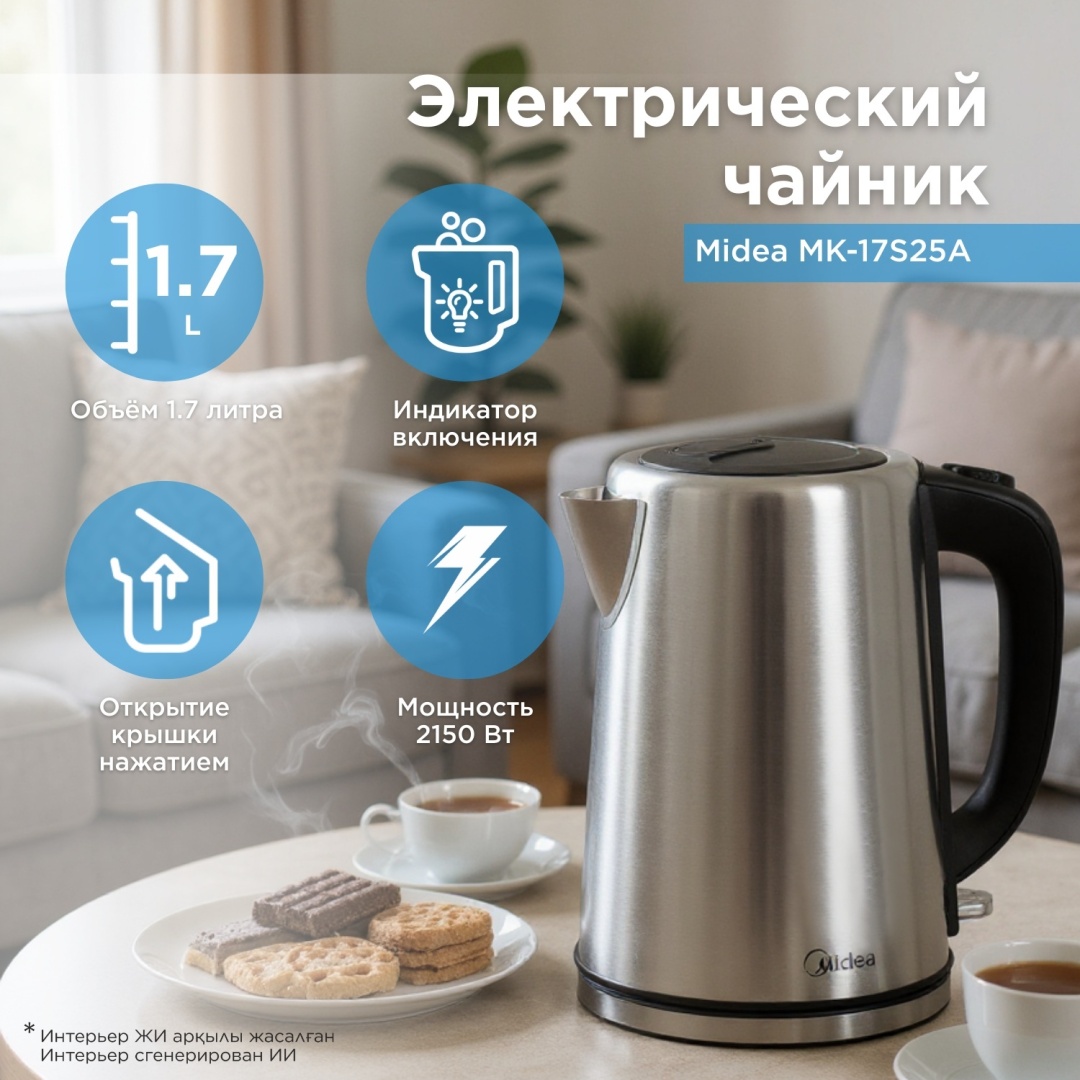 Электрочайник Midea MK-17S25A серебристый