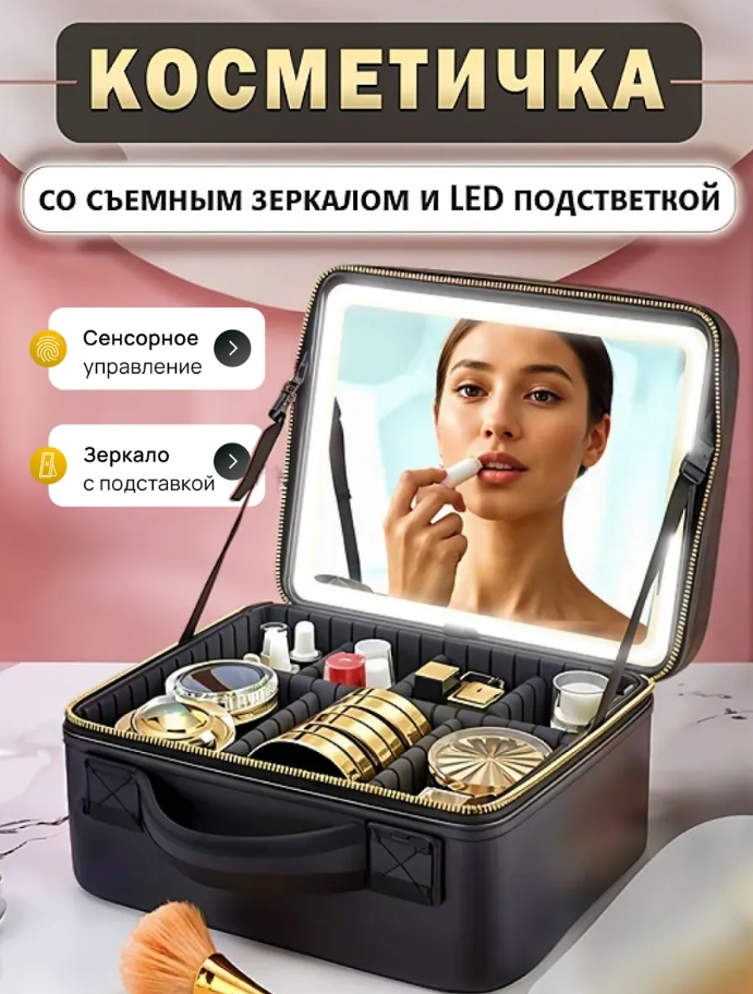 Бьюти-кейс полиэстер, экокожа черный 12X25 см