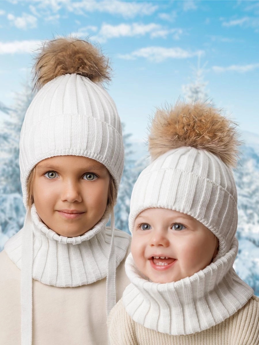 Шапка Amarobaby Шапка с помпоном со снудом Pure Love Snow вязаная молочный белый 54, 56