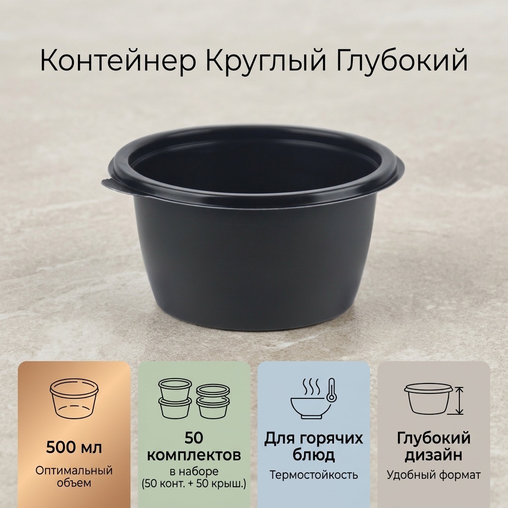Контейнер круглый черный глубокий 500 мл с крышкой (50 шт)
