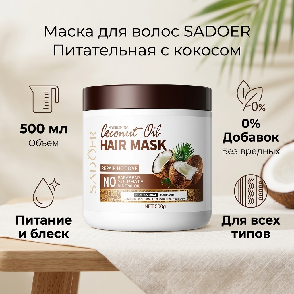 SADOER маска Coconut Nourishing Hair Mask - Питательная маска для волос с кокосом 500 мл