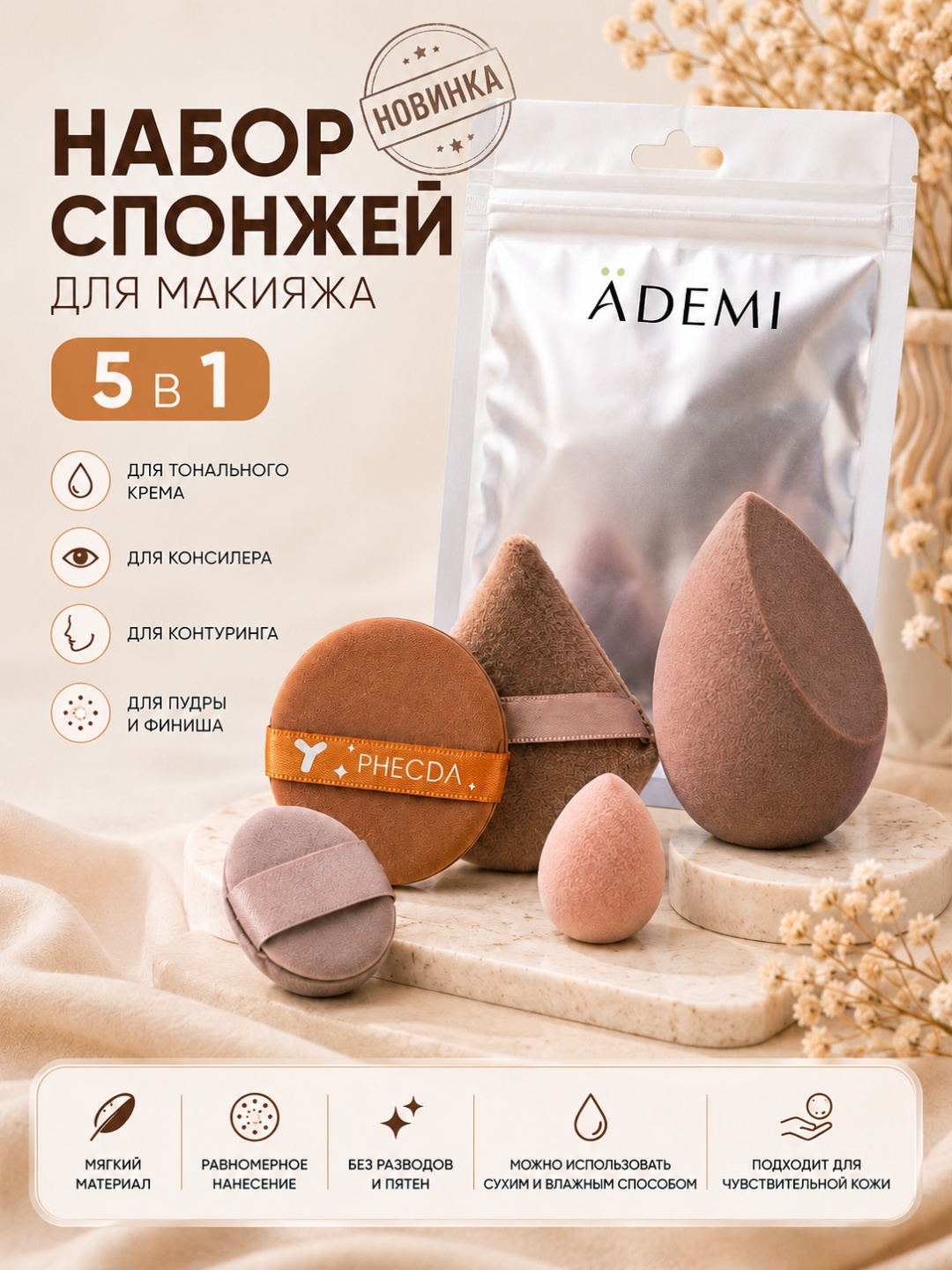 Спонж скошенный, спонж капля, спонж пуф, пуховка, спонж плоский полиуретан, ПВХ, поролон, полиэстер, текстиль 5 шт