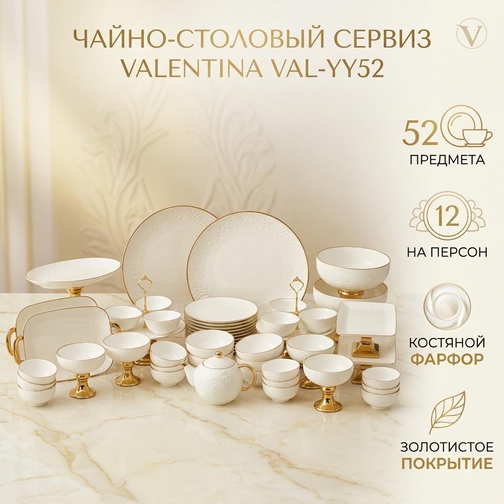 Сервиз на 12 персон Valentina , предметов: 52, чайно-столовый, костяной фарфор