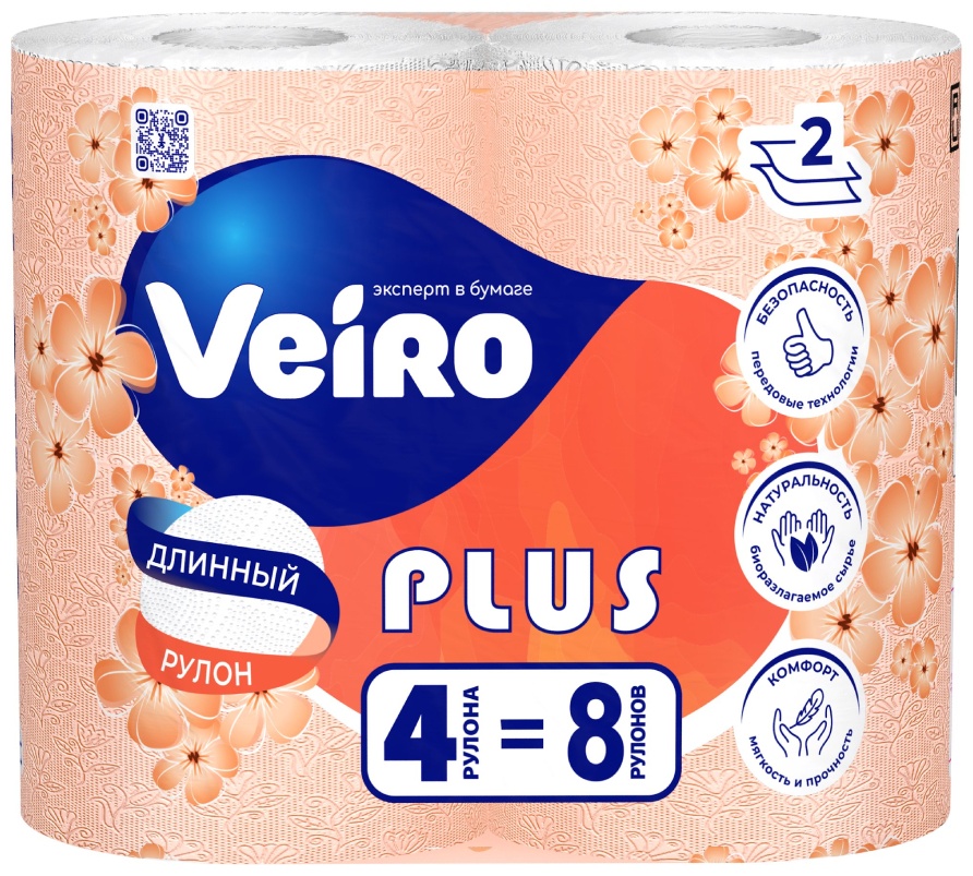 Veiro туалетная бумага 2-слойный 4 шт, первичная целлюлоза