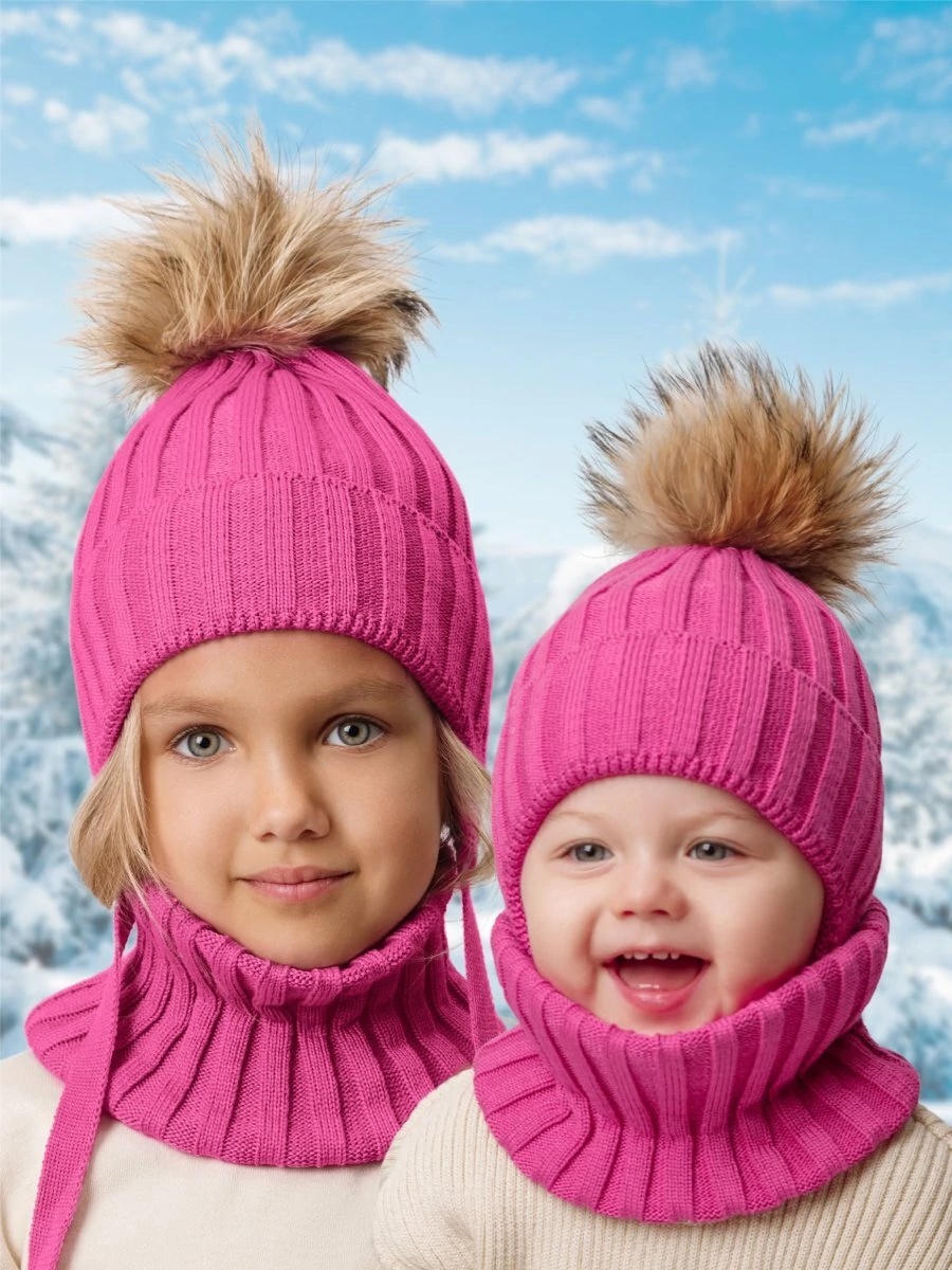 Шапка Amarobaby Шапка с помпоном со снудом Pure Love Snow вязаная фуксия фуксия 46, 48