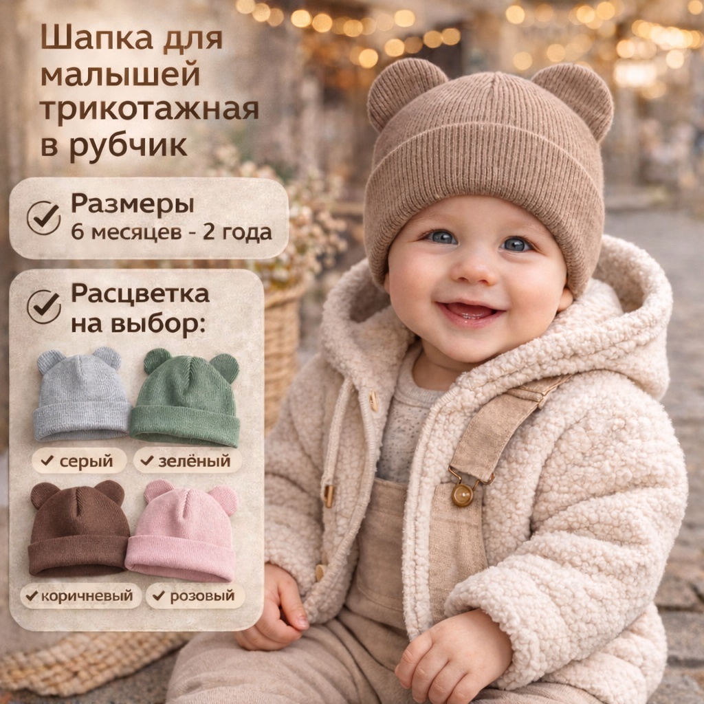 Шапка трикотажная12 коричневый, синий, розовый 45, 50
