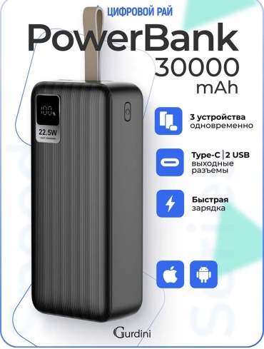 Внешний аккумулятор Gurdini M5 30000 мАч 225 Вт черный