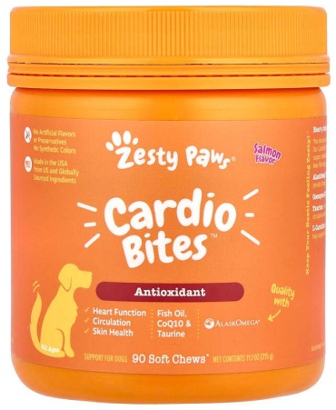 Zesty Paws Cardio Bites добавка в корм со вкусом лосося для собак 90 таблеток