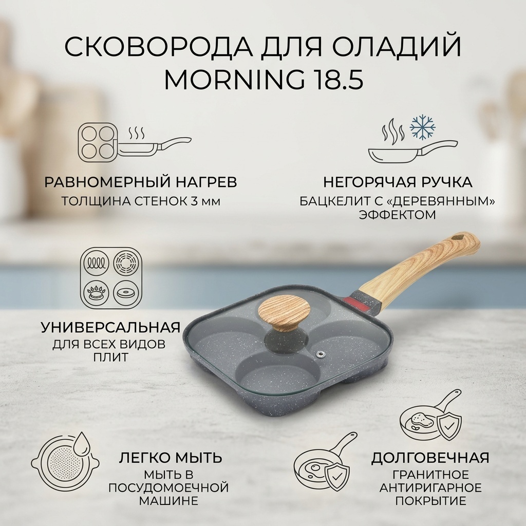 Сковорода порционная Morning 18.5 см с антипригарным покрытием, алюминий