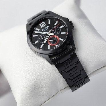 Кварцевые CASIO Мужские часы Black Steel Chrono, выразительный темный стиль нержавеющая сталь
