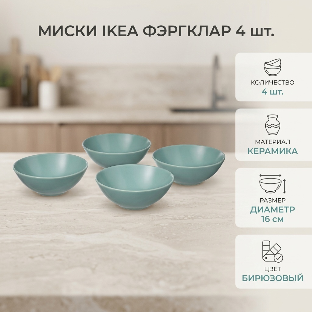 Миска IKEA ФЭРГКЛАР 16х16 см, керамика, 4 шт