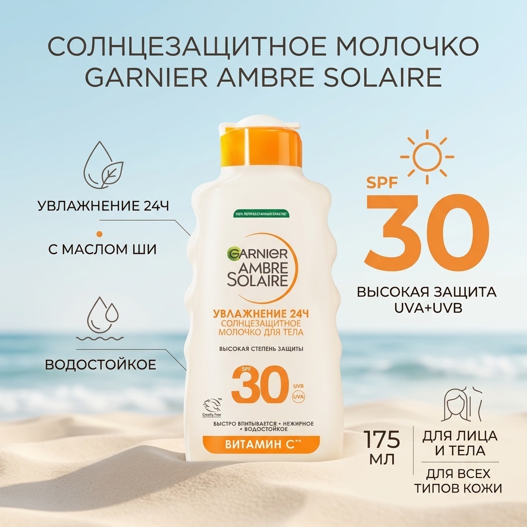 Garnier молочко Garnier /Солнцезащитное молочко для лица и тела Ambre Solaire, с маслом ши, увлажнение 24ч,водостойкое, SPF 30, 175мл для лица 175 мл