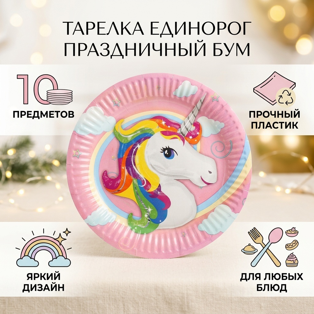 Праздничный БУМ тарелка Единорог 1272004_523176 мультиколор 10 шт
