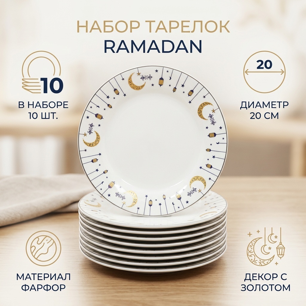 Набор тарелок 20 см, 10 шт, фарфор