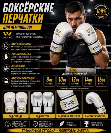 Боксерские перчатки WESING 10 oz белый