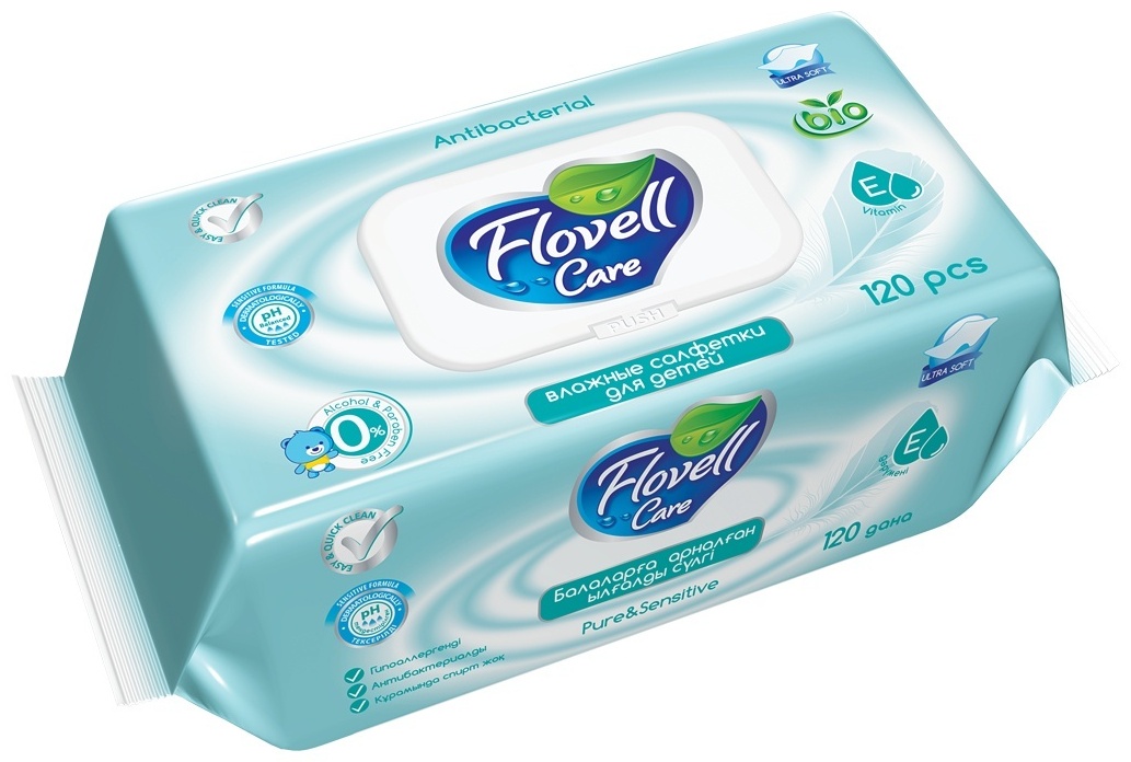 Детские влажные салфетки Flovell Care Bio 120 шт зелёный