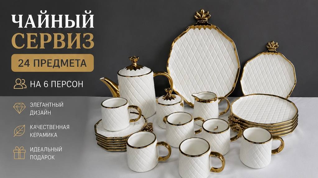 Сервиз на 6 персон белый с золотой окантовкой, предметов: 24, чайный, керамика