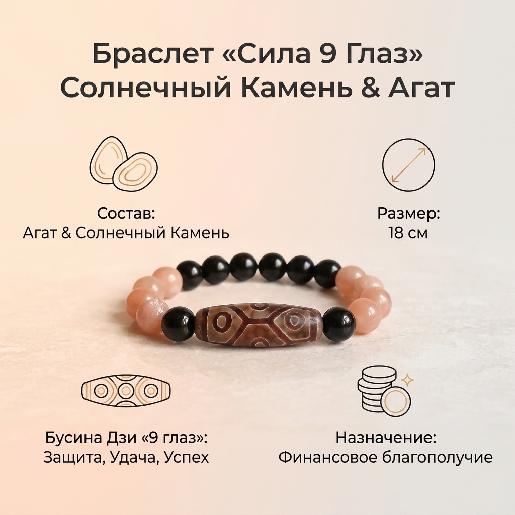 Браслет из Солнечного Камня, Агата с Бусиной Дзи 9 Глаз
