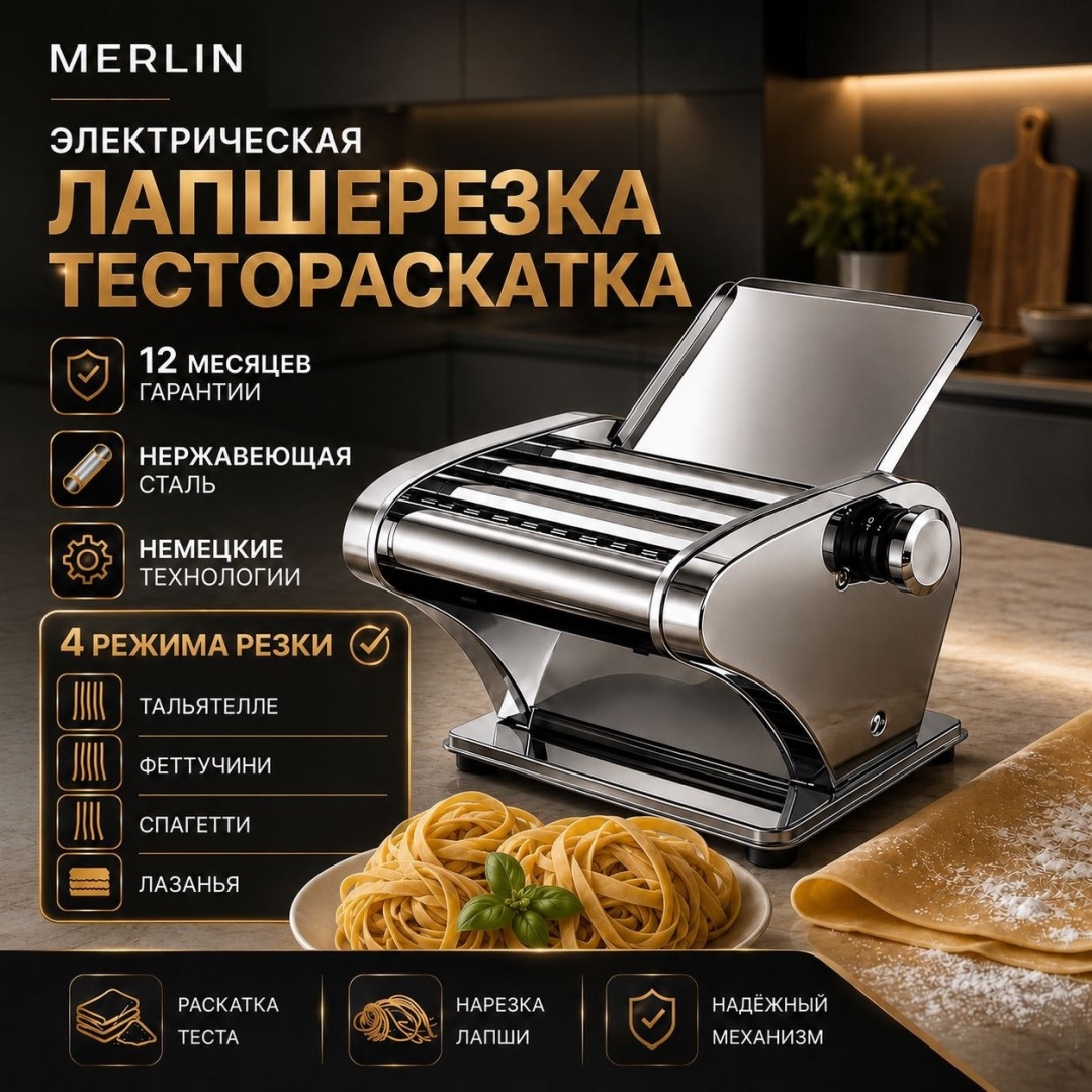 Лапшерезка электрическая Merlin Вид пасты:спагетти, широкая лапша, лазанья, равиоли