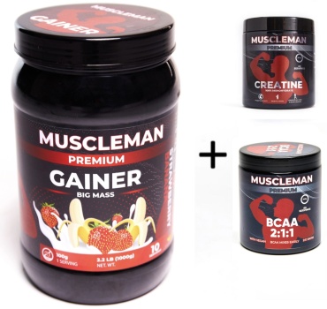 Muscleman Гейнер 1кг клубника-банан + креатин 300г + BCAA 300г апельсин Клубника-банан, апельсин 1000 г