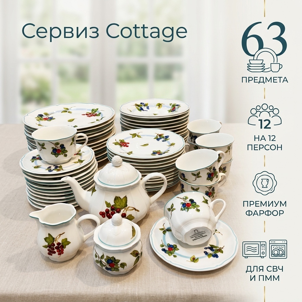 Сервиз на 12 персон Cottage, предметов: 63, чайно-столовый, фарфор