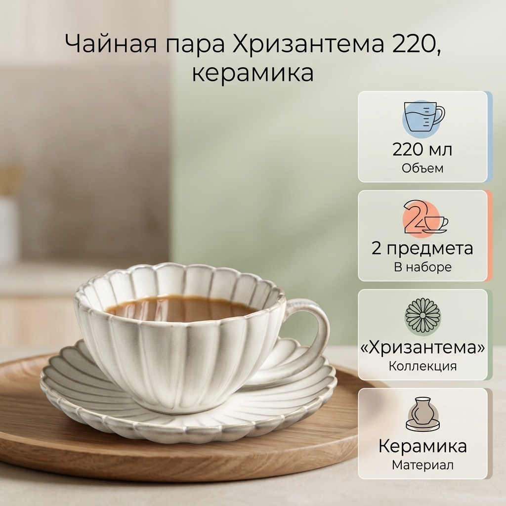 Чайная пара «Хризантема», 220 мл, керамика, 2 шт.