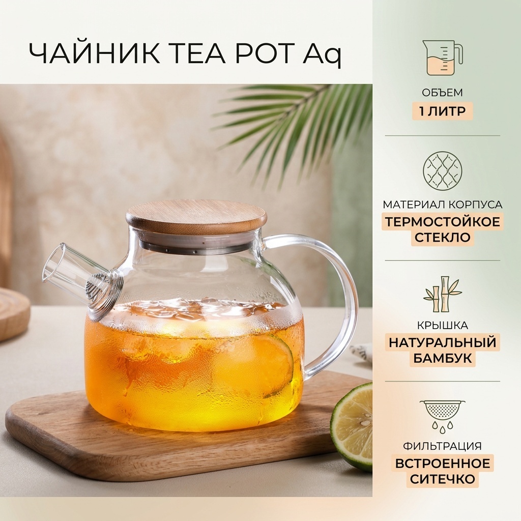 Чайник TEA POT Aq 1 л, дерево, стекло