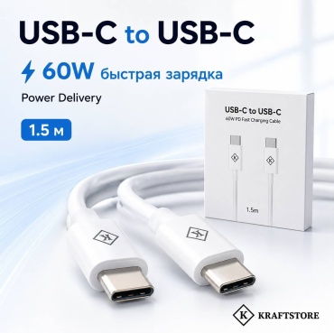 Кабель KRAFTSTORE USB TypeC (M), 1.5 м, KRAFTSTORE PD60W-1.5M белый