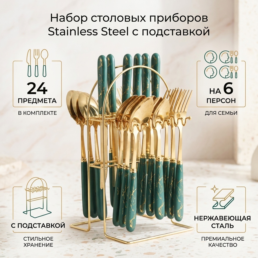 Набор столовых приборов Stainless Steel 24 шт, зеленый С подставкой