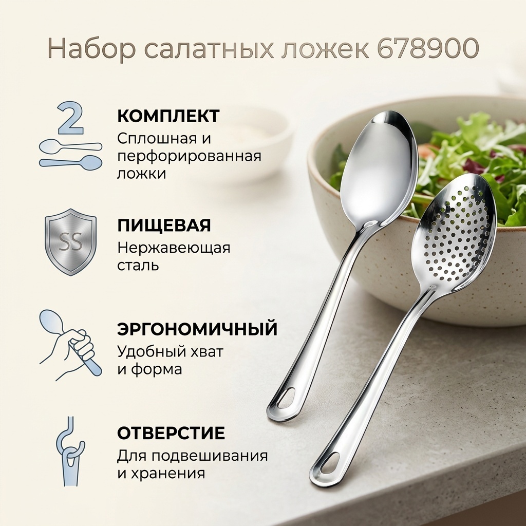 Ложка для салата нержавеющая сталь, 2 шт