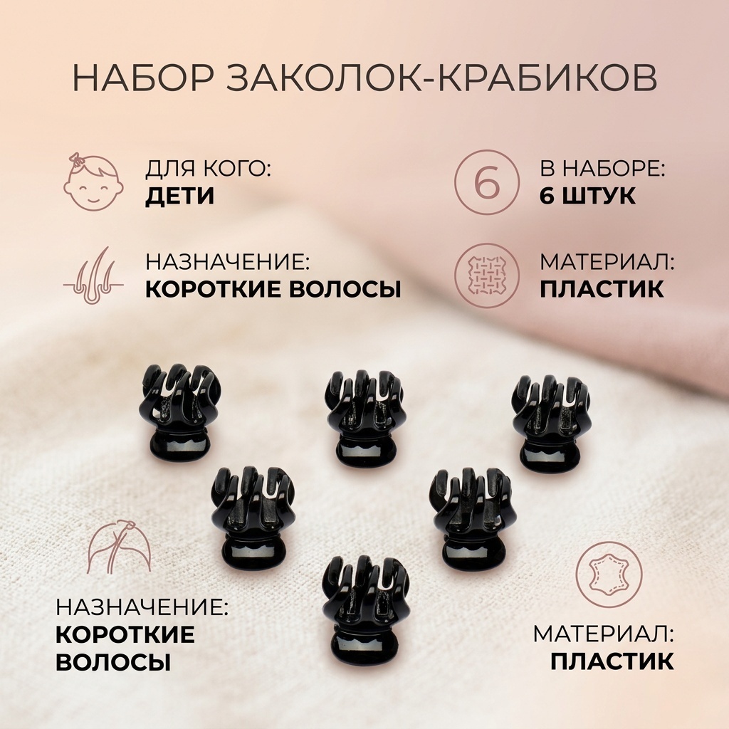 Заколки для волос, черные маленькие крабики, 6 шт в упаковке.