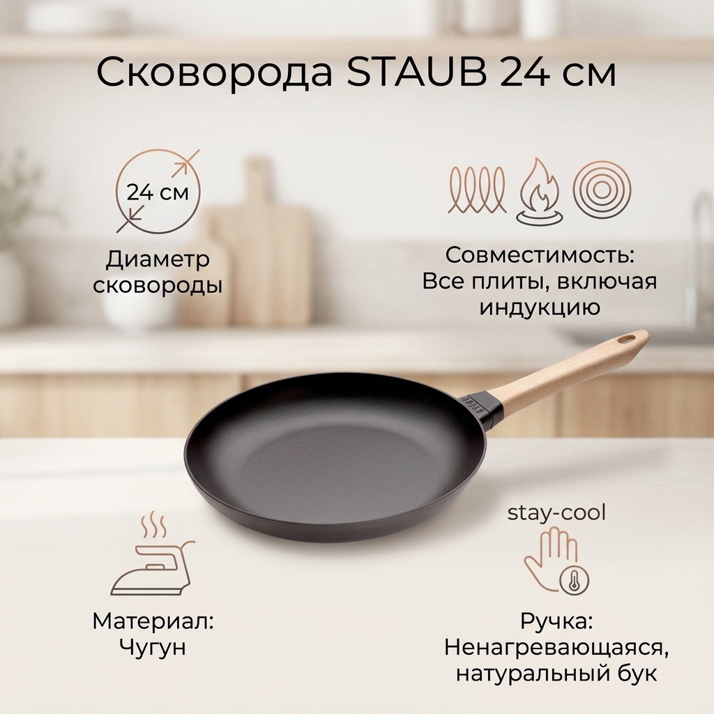 Сковорода Staub 24 см с антипригарным покрытием, чугун