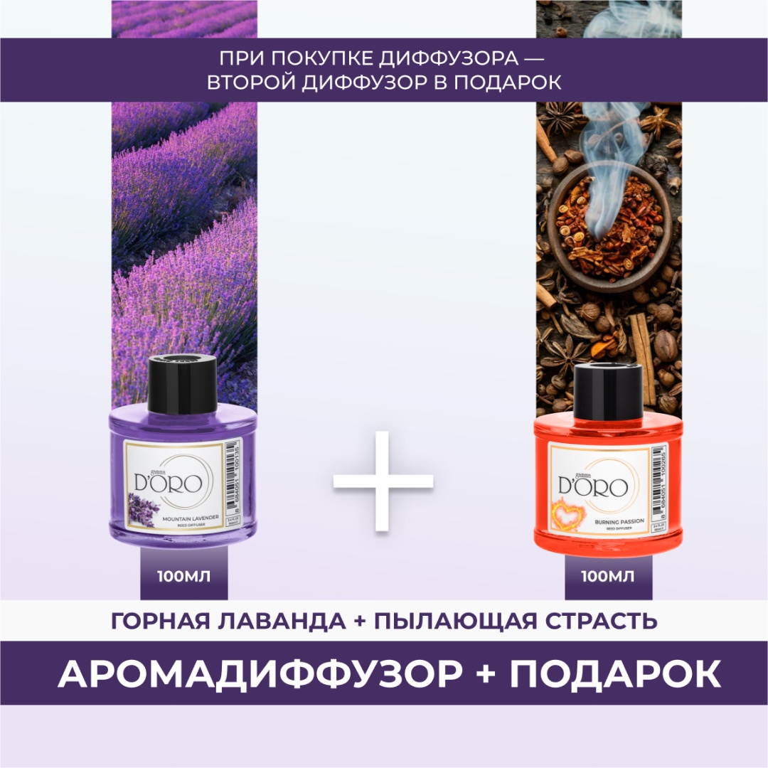 Диффузор с палочками Gamma D'ORO Горная лаванда 100мл+Пылающая страсть 100 мл 100 мл