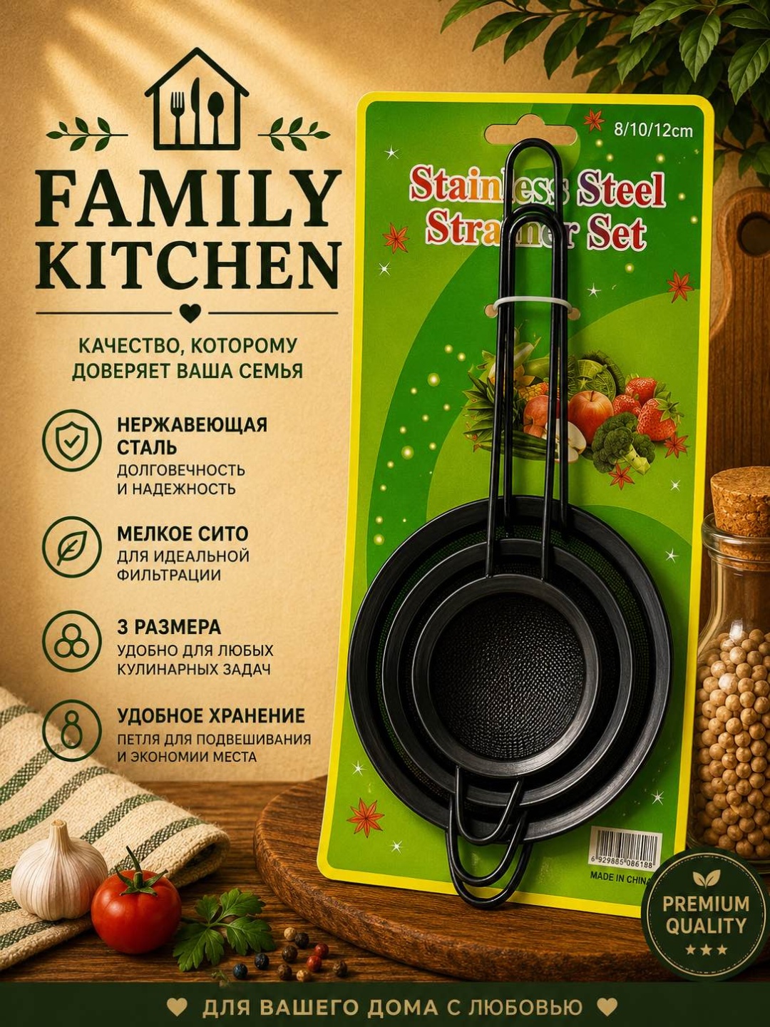 Универсальное сито FAMILY KITCHEN 89397- 10 см нержавеющая сталь, 3 шт