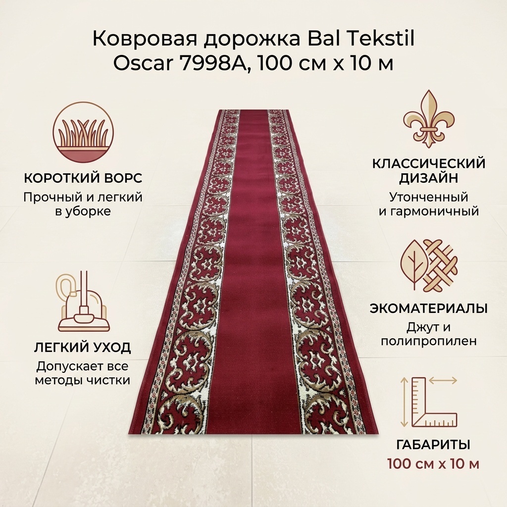 Ковровая дорожка Bal Tekstil короткий ворс, полипропилен, джут, 100 см x 10 м