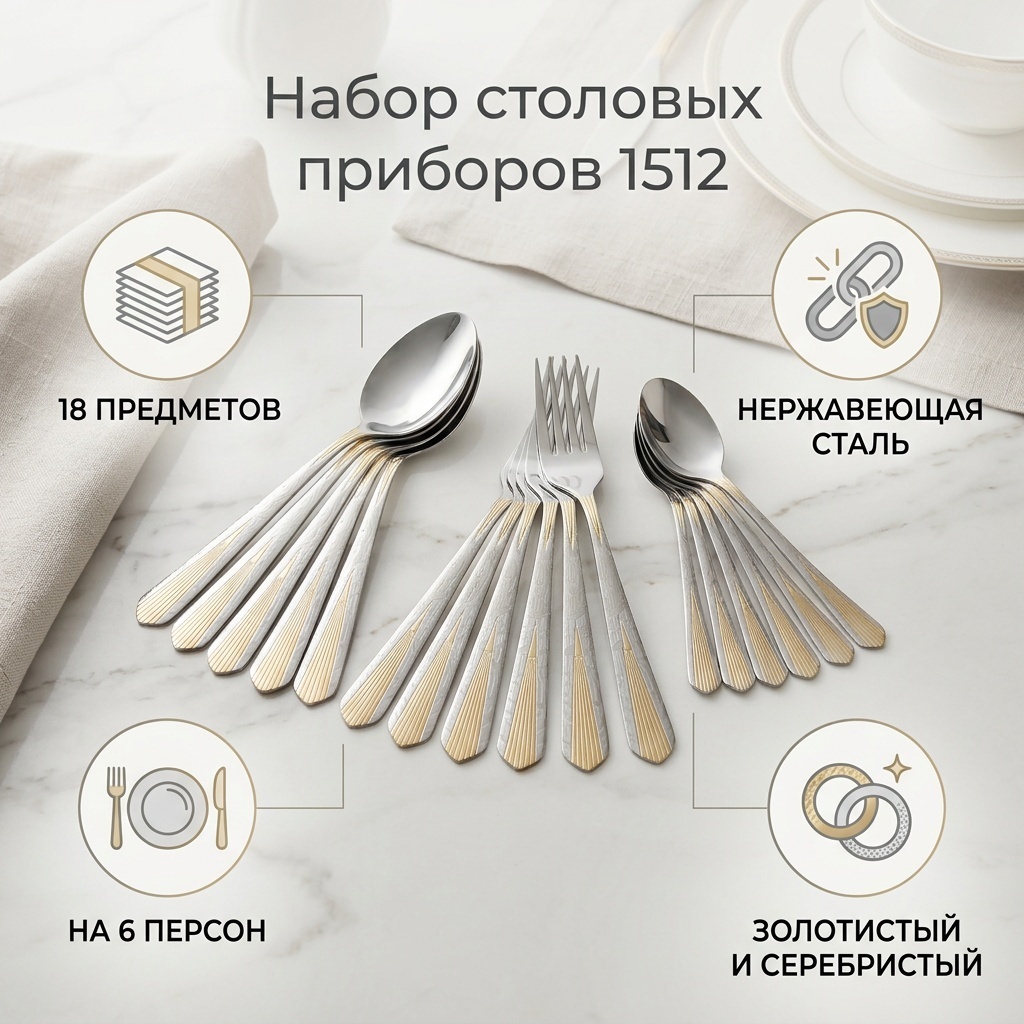 Набор столовых приборов 18 шт, золотистый, серебристый 1512
