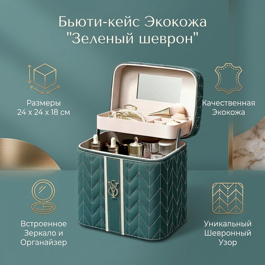 Бьюти-кейс искусственная кожа зеленый 24X24 см