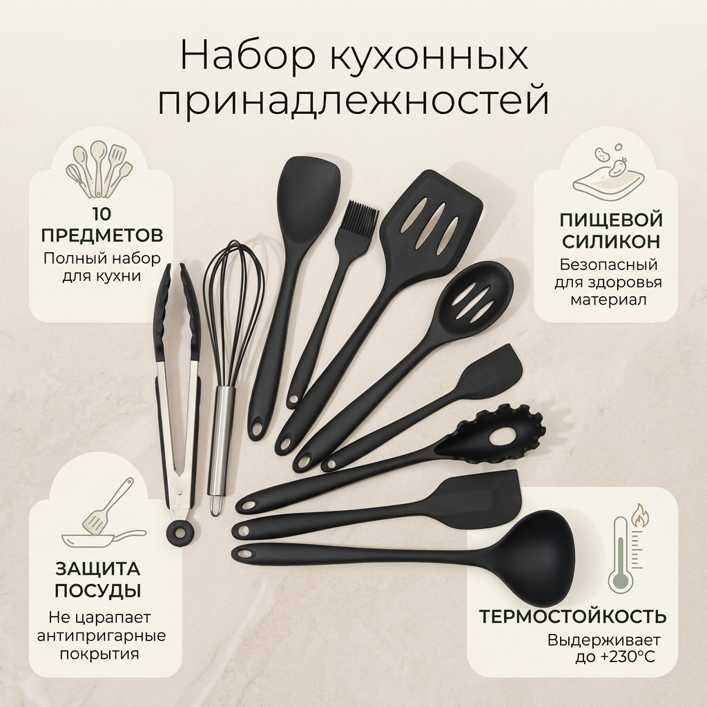 Набор кухонных инструментов силикон, 10 шт
