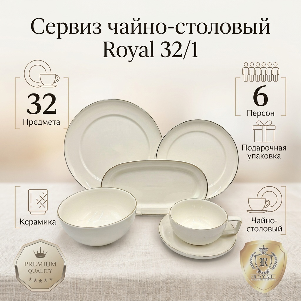 Сервиз на 6 персон Royal серебристый ободок, предметов: 32, чайно-столовый, керамика